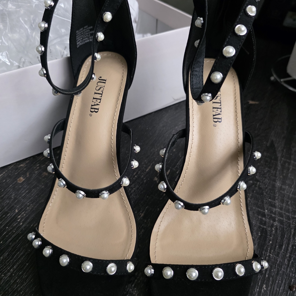 JustFab Black Heels with Pearl Details